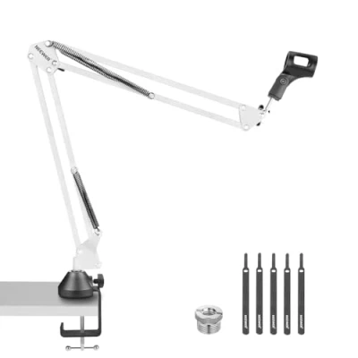 Immagine di NEEWER Supporto Microfono a Forbice con Braccio Boom Sospeso, Asta da Tavolo Vite 3/8&quot; 5/8&quot;, Fascette Cavi Compatibili Blue Yeti Snowball X Quadcast, Max 1,5kg, NW 35, Bianco