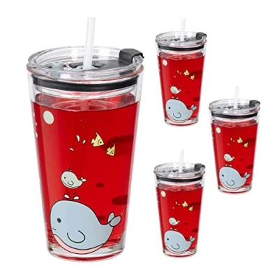 Immagine di Relaxdays Set da 4 Tazze per Bambini, Bicchieri Vetro, Silicone, ABS, con Cannuccia e Tappo, 450 ml, Balena, Trasparente