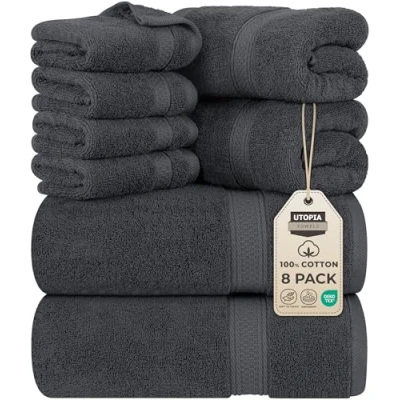 Immagine di Utopia Towels, Set Di Asciugamani Da 8 pezzi, 2 Bagno, a Mano e 4 Panni Lavare, Altamente Assorbente Per Palestra, Hotel Spa (Grigio)