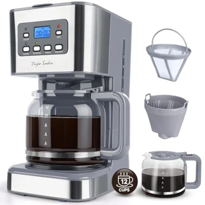 Immagine di Taylor Swoden Macchina da Caffè Americano 950W per 12 Tazze e Capacità 1,5 L con Filtro Riutilizzabile Base Mantenimento Caldo, Sistema Antigoccia, Timer BPA FREE Pewter