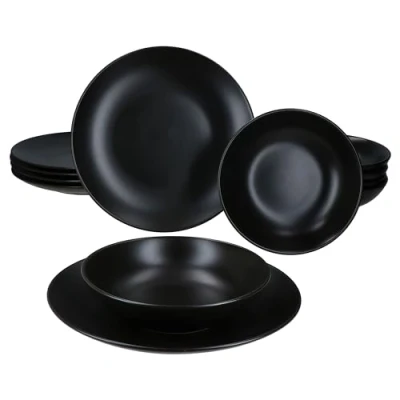 Immagine di MamboCat Panther Servizio da tavola 12 pezzi, nero, stoviglie in gres opaco per 6 persone, piatti fondi 420 ml e piani, piani profondi colazione, pranzo pane