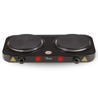Immagine di ARDES AR1F20 Fornello elettrico per Cucinare da 2000W in Acciaio Verniciato Campeggio e Cucina con 2 Piastre Ghisa Diametro 15,5 cm Termostati Modello TIKAPPA Nero