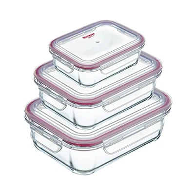 Immagine di Westmark Set di Vasetti per Conservare Alimenti, 3 Pezzi, Rettangolare, Capacità: 1x 370 ml, 1040 ml e 1520 Vetro/Silicone/Plastica, Trasparente/Rosso, 234422E6