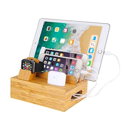 Immagine di Supporto di ricarica in legno bambù per iPhone 12 11 Pro Max XS XR X 8 7 6 6S Plus iPad 3 4 Mini Air Apple Watch 2 iWatch 38 e 42 mm AirPods Samsung Smartphones