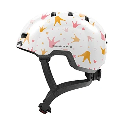 Immagine di ABUS casco per bambini Skurb Kid robusto da bici in look skater con spazio il codino e vari disegni ragazze ragazzi bianco motivo a corona, taglia S