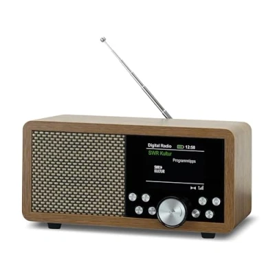 Immagine di radio portatile Dab+ Dynavox DBT600, FM integrata, per cucina, bagno, ufficio, funzione sveglia, schermo TFT, alimentatore, presa USB e scheda SD, finitura effetto legno
