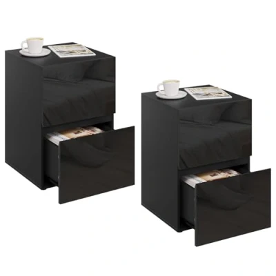 Immagine di EUGAD Set di 2 Comodino con Cassetti Lucido, Mobiletto Nero per Camera da Letto, Salotto, Cassettiera Piccola Salvaspazio in Legno, 40x40x58cm, Design Moderno, 0013CTG