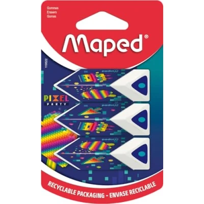 Immagine di Maped Set di 3 gomme piramidiche Porta precisione e comfort Gomma bianca Gamma Pixel Party Confezione riciclabile