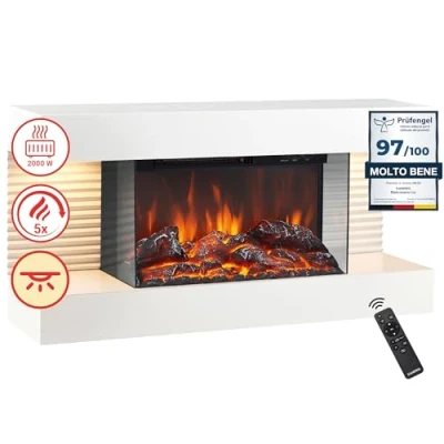 Immagine di KAMINIO Camino elettrico LIZ Caminetto da parete con riscaldamento, effetto fiamma 3D, Luce ambiente a LED, telecomando Bianco (Senza tubi di camino)