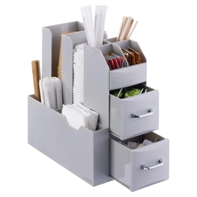 Immagine di Navaris Organizzatore Professionale per Caffetteria Cassettiera Verticale Multiscomparto Bicchieri Cannucce Tovaglioli Posate Bustine Zucchero Grigio