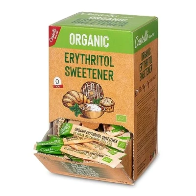 Immagine di Eritritolo Dolcificante Biologico Ecologico 144 bustine da 5g Sostituto dello zucchero 100% Naturale Keto e Paleo 0 Indice Glicemico Calorie Carboidrati Castello since 1907 720 g