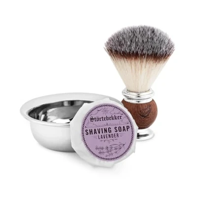 Immagine di Set di pennelli da barba con ciotola in acciaio inox e sapone (diversi tipi) per uomo preparazione alla rasatura (Lavanda)