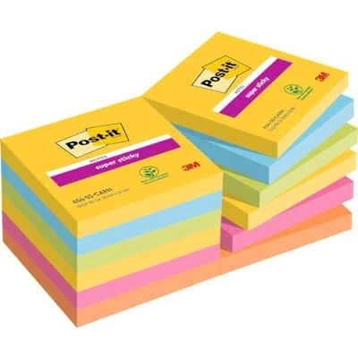 Immagine di Post it Foglietti Super Sticky, Collezione Carnival, Confezione da 12 blocchetti, 90 Fogli/blocco, 76 mm x mm, Colori assortiti. Per Appunti, Elenchi &amp; Promemoria