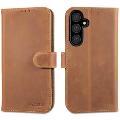 Immagine di Lensun Custodia per Samsung Galaxy S24 FE, Cover in Vera Pelle [Supporto Stand] Libro con Portafoglio Cuoio Flip Antiurto Telefono S24FE Marrón Retro