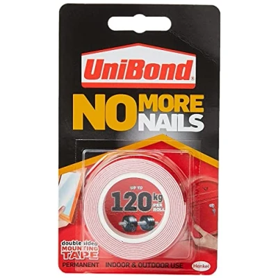 Immagine di UniBond Niente più chiodi su un rotolo, nastro biadesivo per incollaggio istantaneo affidabile, adesivo multiuso, strisce adesive uso interno/esterno, rotolo da 19 mm x 1,5 m
