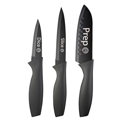 Immagine di MasterChef Coltelli da Cucina, Set Coltello Chef per Carne &amp; Verdure, Lama Affilato, Acciaio Inox, Prova di Calore, Manici Neri, Lavabile in Lavastoviglie, Professionali, 3 Pezzi Piccolo