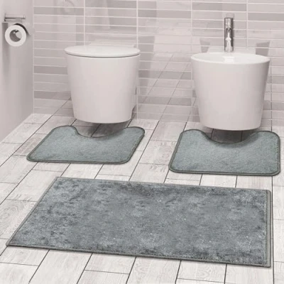 Immagine di Comart, Tappeto Ocean Bagno, Parure Set Completo 3 Pezzi, Tris Antiscivolo, Morbidi Scendi Doccia e Vasca, Moderni Tappetini WC Bidet, Lavabili in Lavatrice, Sottili Funzionali, Colore Grigio