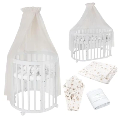 Immagine di Lettino Mobile Waldin 7in1, Materasso, Culla Espandibile, Ventilato, Base Regolabile 5 Posizioni, Set Completto, Legno Bianco, Tessuti Tarassaco Champagne