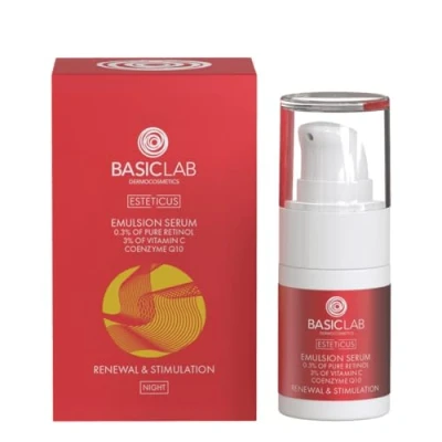 Immagine di BasicLab Dermocosmetics Emulsion Siero viso con retinolo, coenzima Q10 e vitamina C 15 ml da notte anti rughe per donne