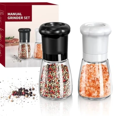 Immagine di CIRCLE JOY Set Macina Sale e Pepe Manuale per Chef Professionisti, Macinaspezie di 2 Pezzi con Lame in Ceramica, Ruvidità Regolabile Contenitore Vetro da 180ml senza BPA, Corto Nero Bianco