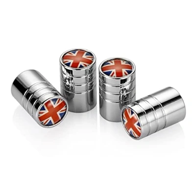 Immagine di Set di 4 tappi coprivalvola dell&#039;aria per pneumatici Mini Cooper F54 F55 F56 F57 F60 R55 R56 R57 R58 R59 R60 R61 Hardtop Clubman Hatchback Covertible Roadster Countryman (cromato, Union Jack rosso)