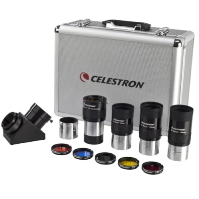 Immagine di Celestron 94305 Kit oculare e filtri da 2&quot;, 12 pezzi diagonale a specchio adattatore diagonale, 3 oculari lux lenti di Barlow 2X, 5 colorati custodia rigida in alluminio, argento