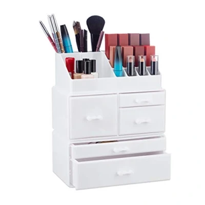 Immagine di Relaxdays Organizer Make Up con 21 Scomparti, Contenitore per Cosmetici, Rossetti, Trucchi, Case in Acrilico, Bianco