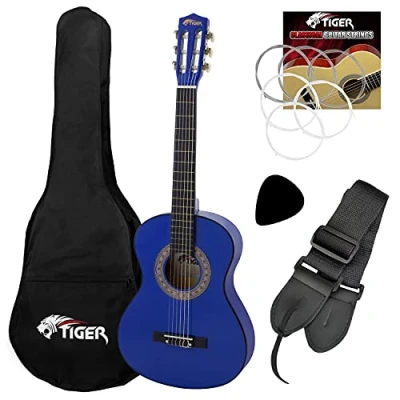 Immagine di TIGER CLG4 LH BL Pacchetto chitarra classica Spagnola mancina per bambini misura 3/4 con custodia, corde di Ricambio, tracolla e plettro, ideale dai 9 agli 11 anni Colore blu