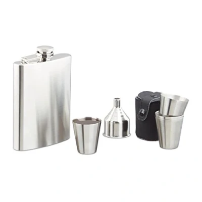 Immagine di Relaxdays Fiaschetta, Set in Acciaio 7 Accessori, Borraccia da Taschino 200 ml &amp; 4 Bicchieri,Camping Eventi,Argento Unisex Adulto, 1 pz