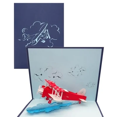 Immagine di Biglietto 3D pop up &quot;aereo&quot; di compleanno, regalo &amp; invito per compleanno aereo con modello elica in un buono, idea e confezione viaggi aereo.