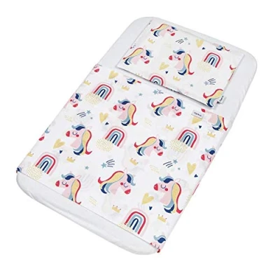 Immagine di FlyIdeas Set Completo Lenzuola Culla 90x55 cm, 100% Cotone Lenzuolo Sotto con Angoli + Sopra 1 Federa Cuscino Compatibile Materassi Lettini e Cosleeping 55x90 52x90 simili