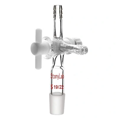 Immagine di stonylab Adattatore per Controllo del Flusso a 3 vie, Way Flow Control Adapter in Vetro Borosilicato con Giunto Conico Standard 19/22 e Rubinetto di Arresto PTFE Laboratorio