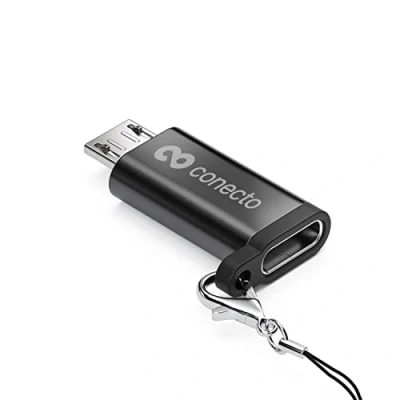 Immagine di conecto, adattatore da micro USB a C, supporto OTG, compatibile con dispositivi Apple, perfetto per e bike, anello/moschettone inclusi, alloggiamento in alluminio, nero, set 2
