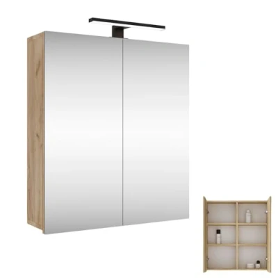 Immagine di Planetmöbel Merkur Armadietto a specchio da bagno con illuminazione, 60 cm di larghezza, specchio, illuminazione LED, colore nero opaco, colore: rovere dorato
