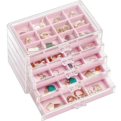 Immagine di ProCase Porta Orecchini Organizer, Gioielli da Cassetto con Divisori Regolabili, Chiuso Camera, Vassoi per Anelli 5 Strati Rosa