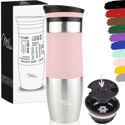 Immagine di Milu Tazza Termica da viaggio per caffè 370ml 450ml 100% a Prova di perdite Isolata e tè portare via bere in acciaio inossidabile Caldo freddo (Rosa, 450ml)