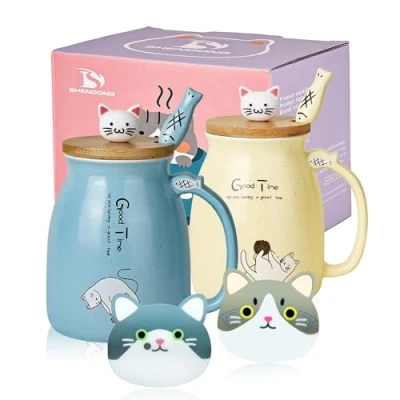 Immagine di SHENDONG Set di 2 tazze da caffè in ceramica con coperchio e cucchiaio bambù kawaii, tazza mattutina, caffè, latte, tè, 3D, animali, per amanti dei gatti, regali donna(Blu Giallo)