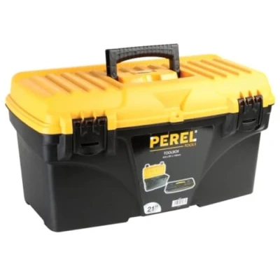 Immagine di Perel Cassetta degli attrezzi, polipropilene, con vassoio rimovibile, maniglia pieghevole e chiusure in plastica, nero/giallo, 535 x 291 280 mm