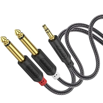 Immagine di J&amp;D 3,5 mm to 2 x 6,35 Cavo, Oro Placcato [Serie AudioWave] 3,5mm (1/8 pollice) Maschio TRS a 2x 6,35mm (1/4 TS Mono Cavo Splitter con PVC Sgusciato e Nylon Treccia 0.9 Meter