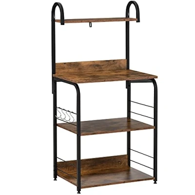 Immagine di HOMCOM Mobiletto per Microonde a 4 Ripiani e Ganci, Mobile Cucina in Acciaio Legno 60x40x125cm, Marrone Rustico