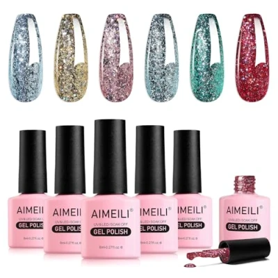 Immagine di AIMEILI Smalto Semipermanente Glitter Gel Unghie Kit Super Shine Semipermanenti Colorati in Soak Off UV LED Nail Polish per Manicure Set 56, 6x8ML