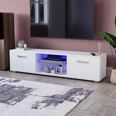 Immagine di Vida Designs Cosmo Mobile TV 2 Ante in Pannello di Fibra a Media Densità, Stile Moderno, Lucido, Colore: Bianco Chiaro, 160 cm LED Lights, H 38 x L P 40 Circa