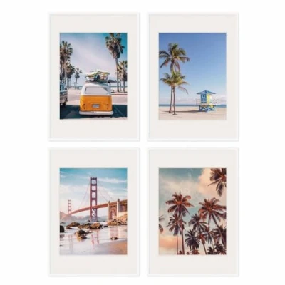 Immagine di PHOTOLINI Set di 4 cornici per poster 50x70 cm con passe partout 40x50 bianco legno MDF, plexiglass infrangibile, da parete, accessori inclusi foto, immagini e