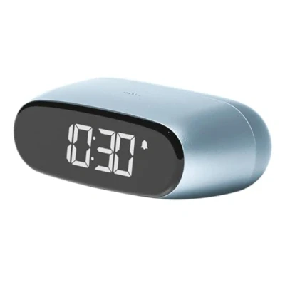 Immagine di Lexon MINUT Mini sveglia compatta con display LCD VA Pure Black, controllo touch, funzione snooze e retroilluminazione, batteria ricaricabile, finitura in alluminio, colore: blu chiaro