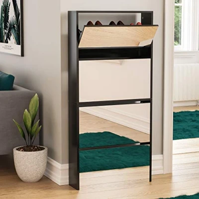 Immagine di Marque Amazon Vida Designs Welham Scarpiera con 4 Cassetti, a Specchio, per Corridoio, Armadietto, Porta Scarpe, Credenza in Legno, Nero, Drawer, ingegnerizzato, H 134 x L 63 P 17 cm circa