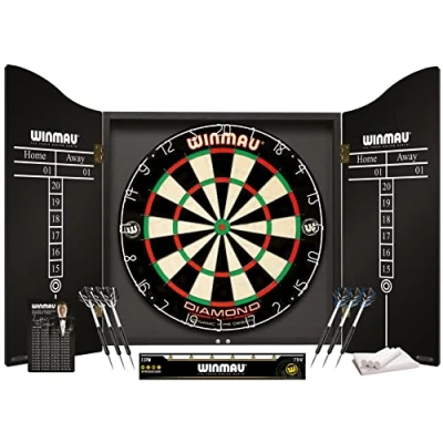 Immagine di WINMAU Il Set di Freccette Professionali Include Bersaglio per in Setola Diamond Plus Cabinet Nero Alta qualità 2 Linea Ufficiale Oche