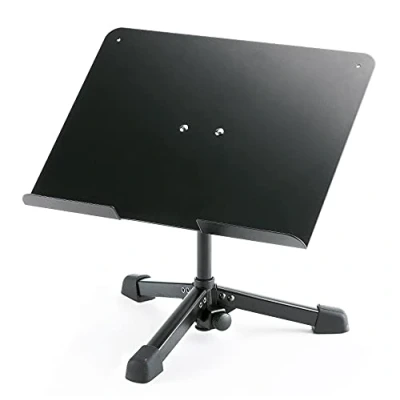 Immagine di K&amp;M 12140 Supporto da tavolo, universale, in acciaio e alluminio, nero pieghevole con treppiede