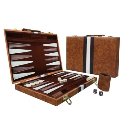 Immagine di NEWFUN 15 pollici Backgammon, Backgammon Legno, set gioco da tavolo, portatile e viaggio, con custodia in pelle di alta qualità coppa per dadi