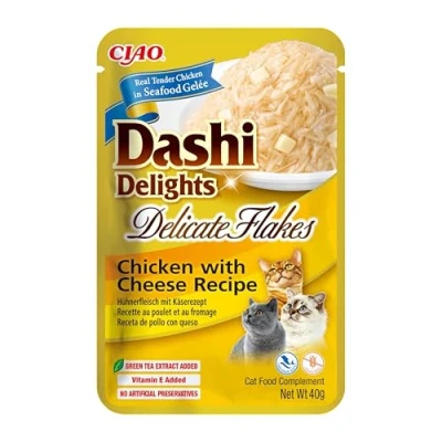 Immagine di INABA Dashi Delights Delicate Flakes, Delicati Fiocchi in Brodo di Pollo Con Formaggio Cibo Umido per Gatti, Snack Gatti Proteine, Ingredienti Naturali Pasto Complementare 1 x 40gr