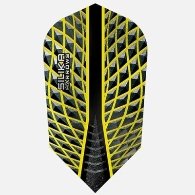Immagine di Harrows Silika Slim Dart Flights 5 x set di alette per freccette (15 totali), 100 micron, extra forti, realizzate nel Regno Unito, accessori professionali I gialle